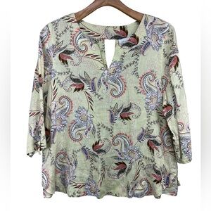 J. Jill Love Linen Yellow Floral Paisley 3/4 Sleeve V Neck Top Womens Large